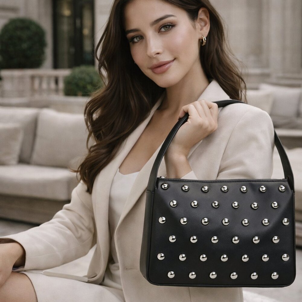 BCBGENERATION Novel Studded Shoulder Hobo HandBag Fx. Leather Black